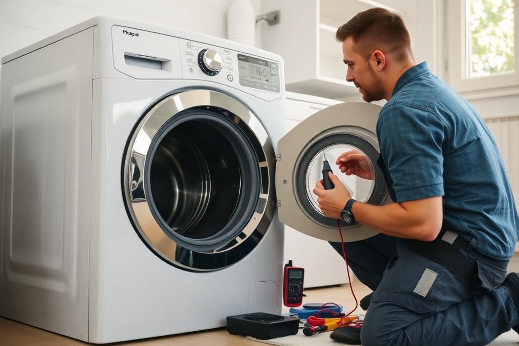 Technician testing a front-load washer with a multimeter in a laundry room