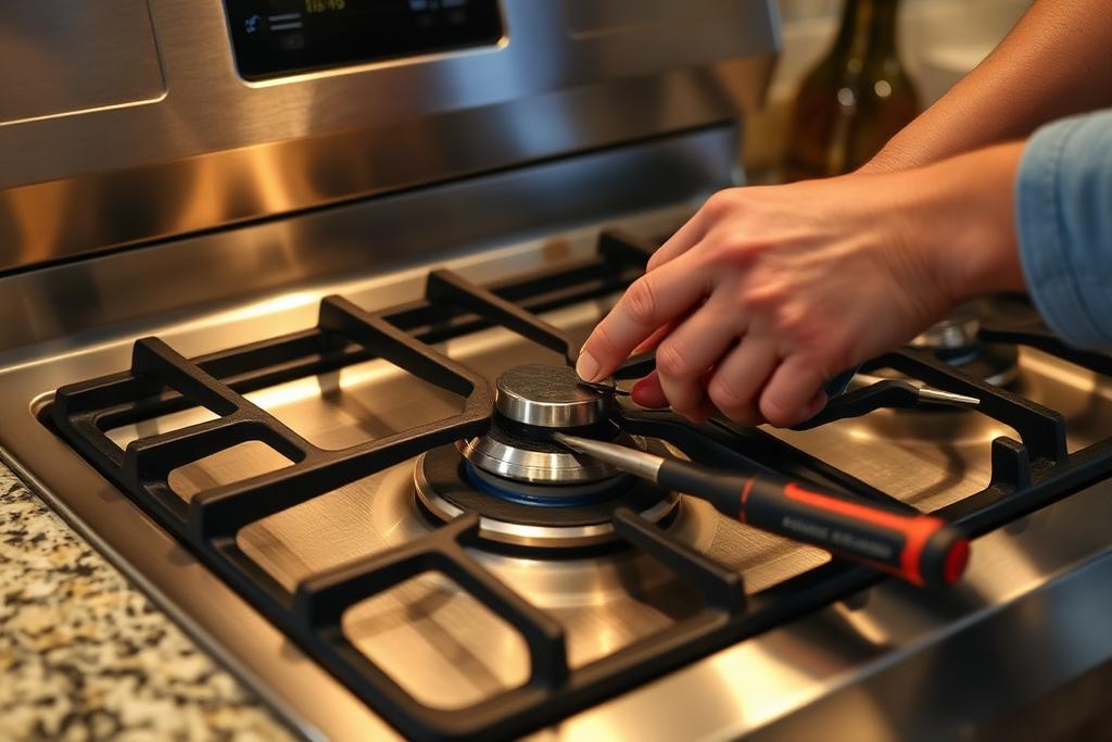 Technician repairing a gas range burner igniter