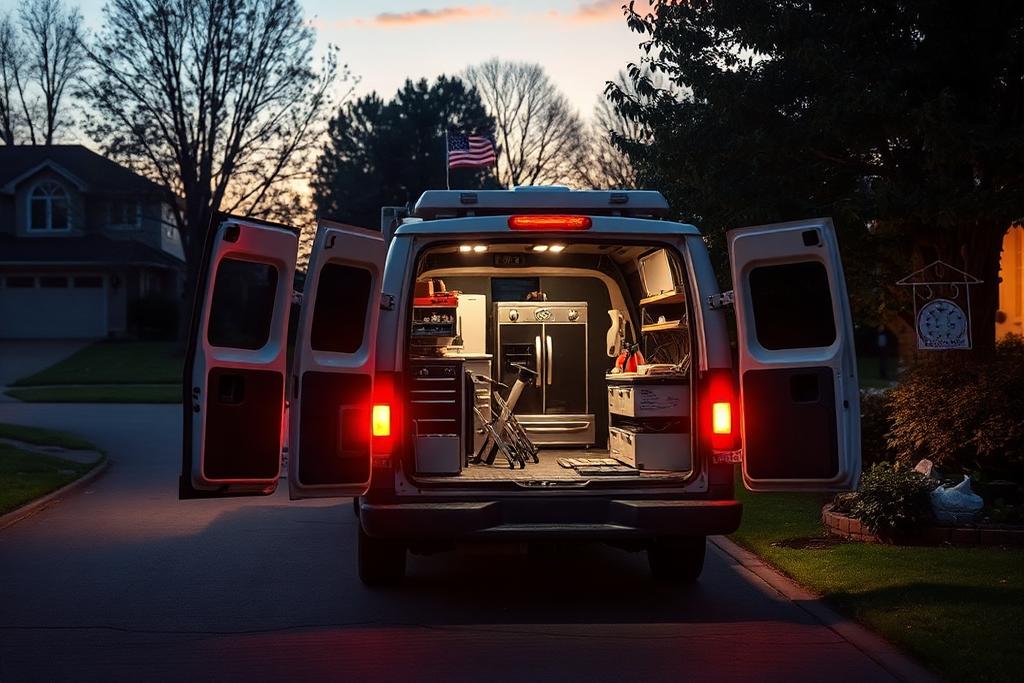 Day and Night Appliance Repair service van loaded with parts in a suburban driveway
